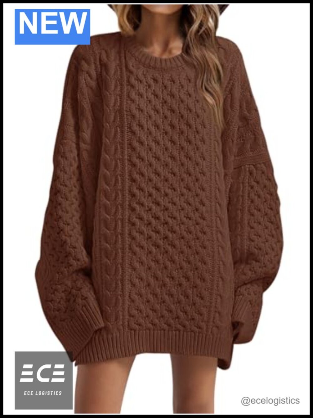 Oversized Chunky Cable Knit Tunic Sweater Crewneck Loose Fit Pullover